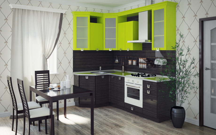 Кухня в хрущевку в темно-зеленом цвете